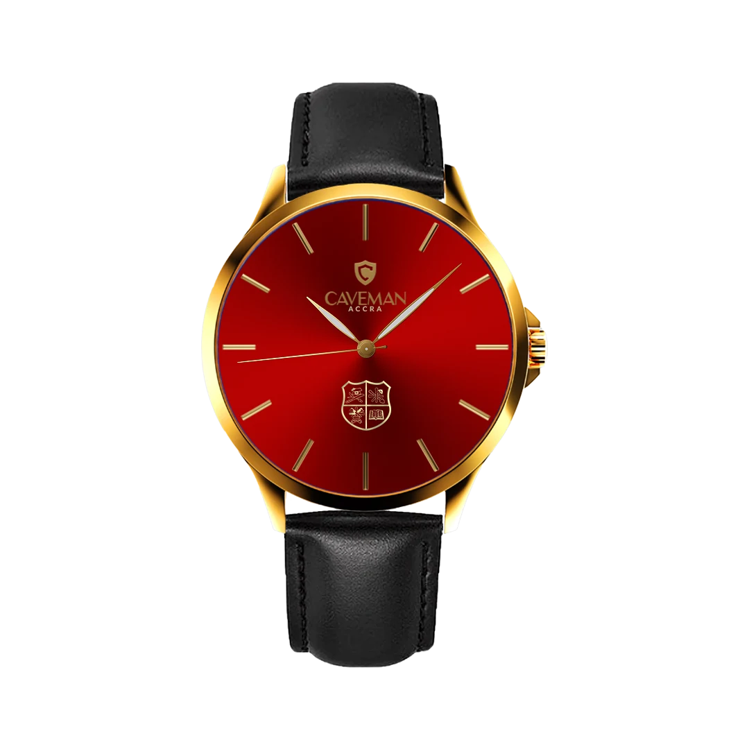 Dwen Hwe Kan, gold case with red dial on a black strap